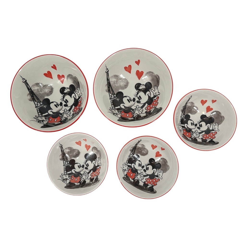 Disney Mickey Minnie Mouse Love in Paris Eiffel Tower Heart Bowls Set‎ 5 Red